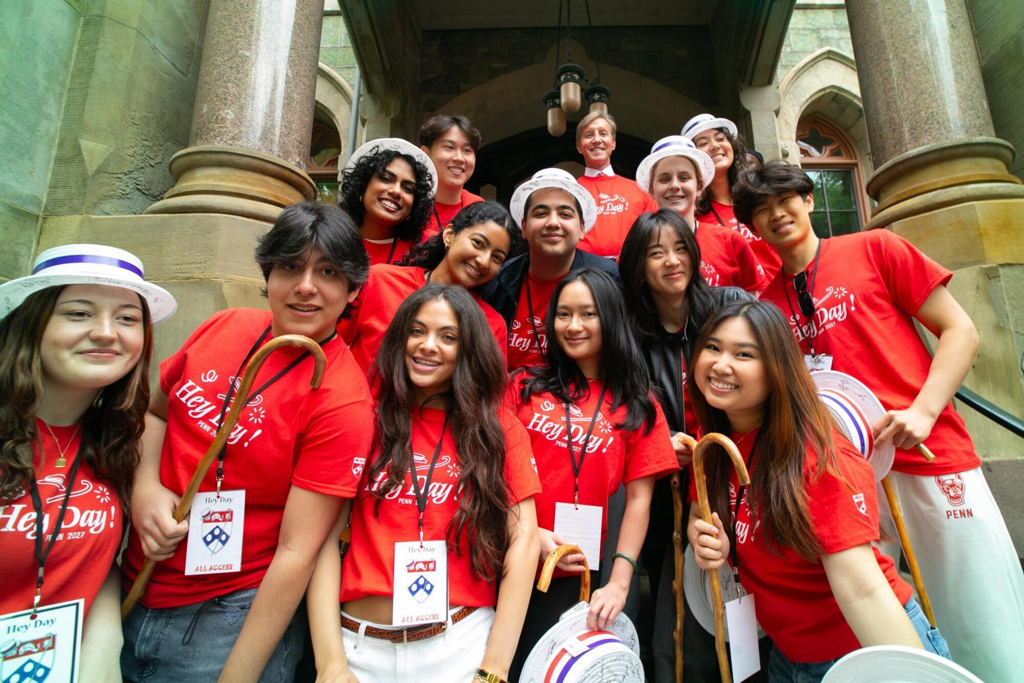 J. Larry Jameson and members of the Class of 2027 student government on the steps of College Hall.