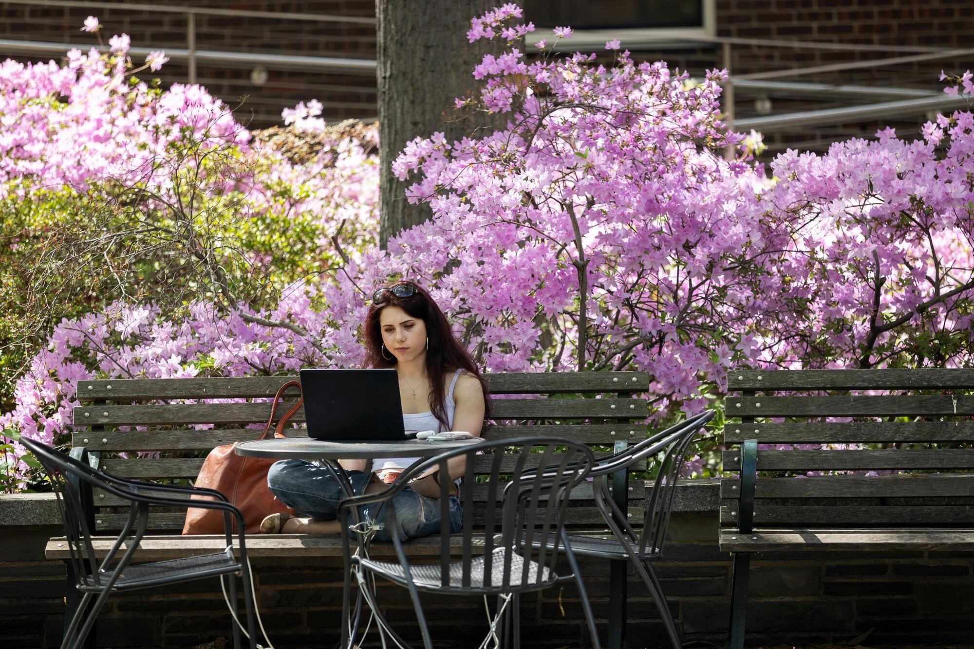 A person on a laptop during Reading Days outside on Penn’s campus.