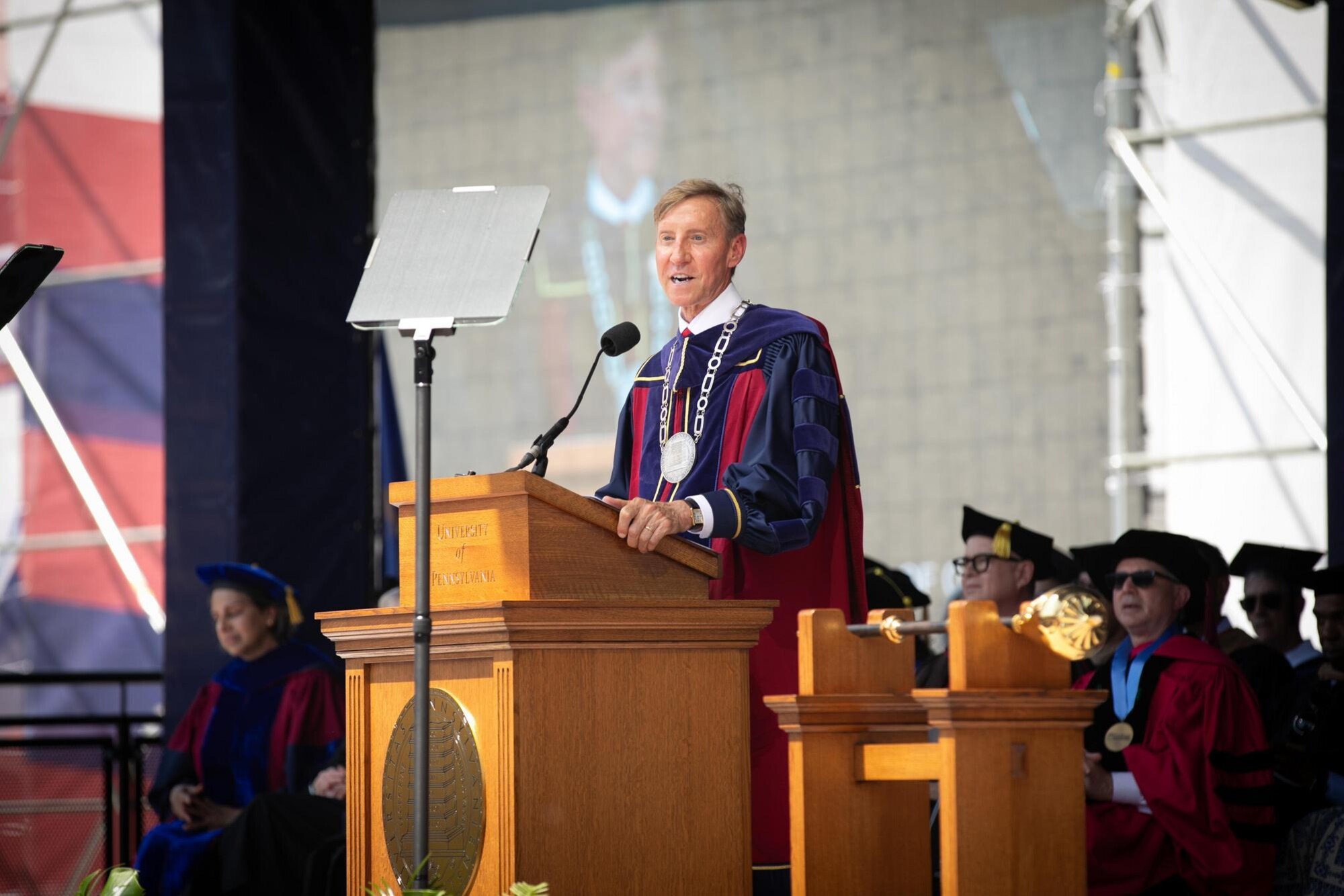 J. Larry Jameson speaking at the podium at Commencement.