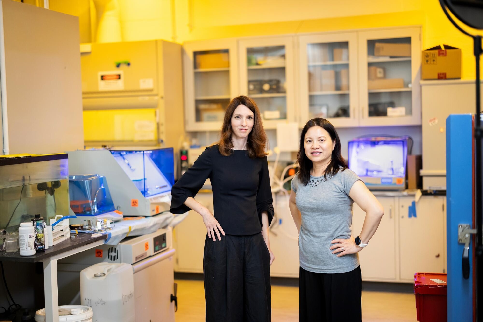 Dorit Aviv and Shu Yang pose for a portrait.