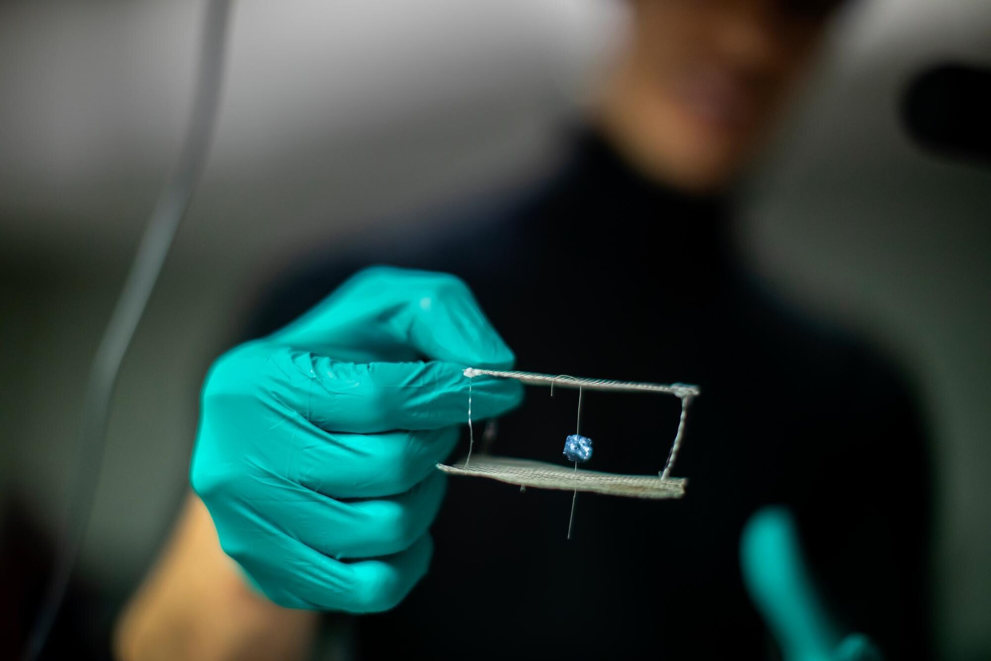 Researcher's hand holding a nanodevice.