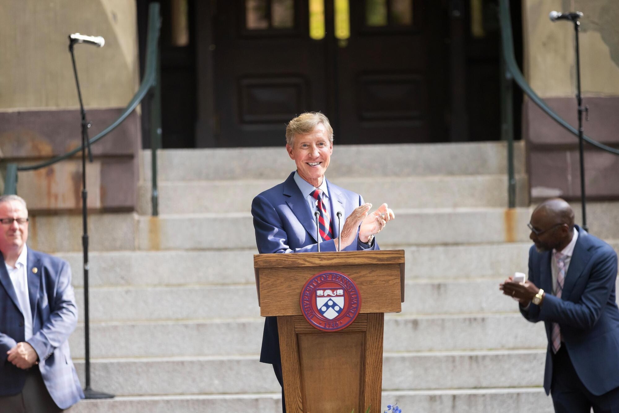 Penn President J. Larry Jameson in front of College Hall on the family welcome event.