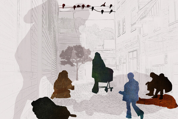 abstract images of people on the street, panhandling, a shoppint cart, evoking homelessness