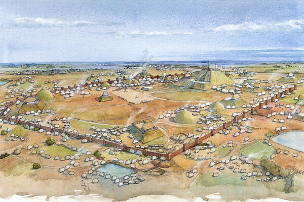 A prehistoric city with homes, earthen mounds, and pathways