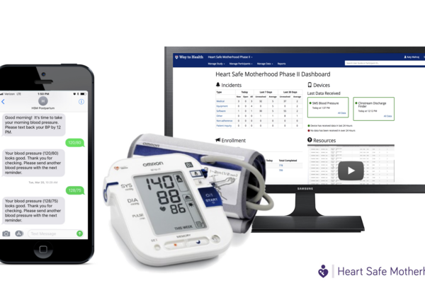 A computer and smartphone with a blood pressure cuff