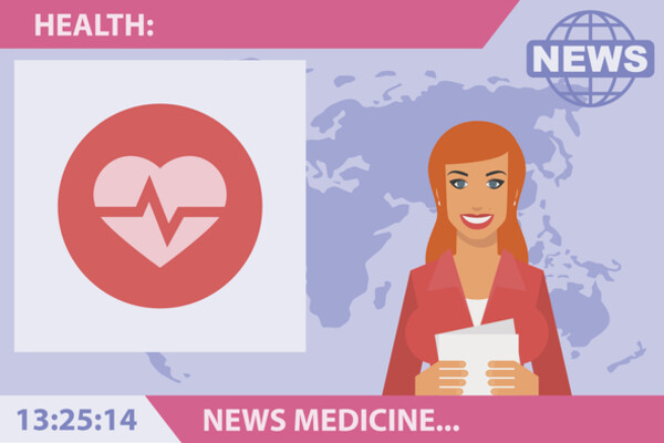cartoon of news anchor with medical imagery on screen