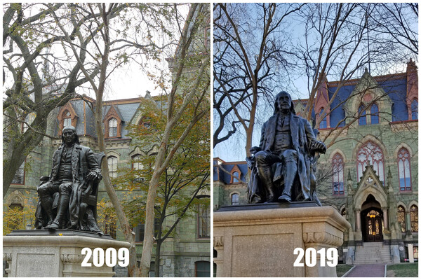 Benjamin Franklin statue in front of College Hall