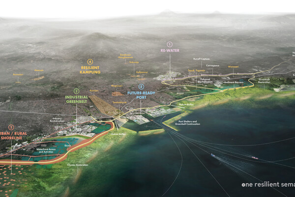 Satellite image of port of Semarang with vulnerable coastal areas labeled "Industrial Greenbelt" "Future-ready Port" "Resilient Kampung, "Re-Water"
