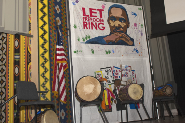 A stage ready for a MLK Day of Service performance. 