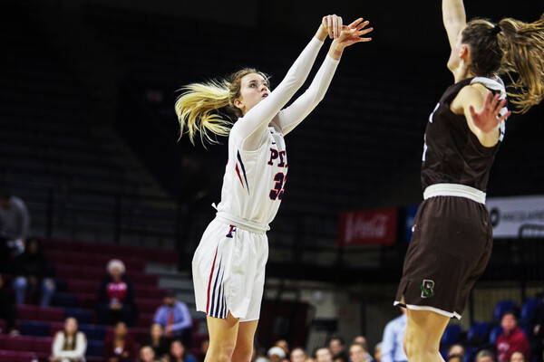 Junior guard Phoebe Sterba shoots a jump shot against Brown at the Palestra.