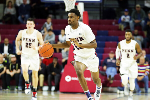 Freshman guard Bryce Washington dribbles up the court at the Palestra.