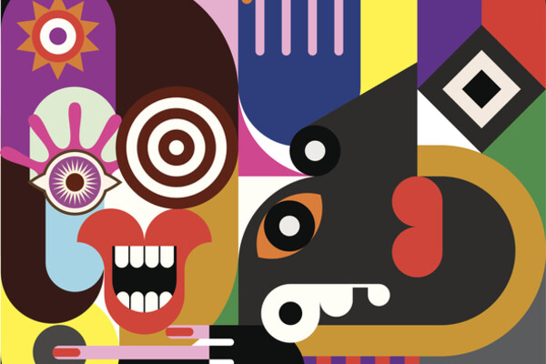 abstract faces rendered in bold patterns and colors