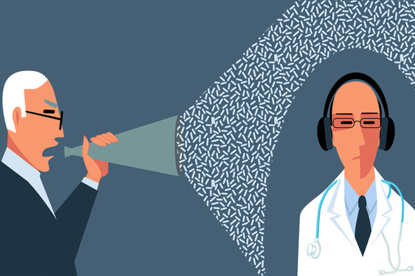 patient shouting through megaphone with concept of words not reaching a doctor, closing their eyes wearing headphones (cartoon)