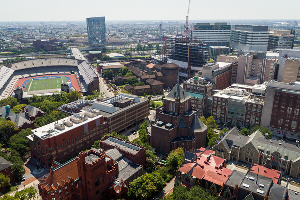 An aerial view of buildings and a stadium in Philadelphia. 
