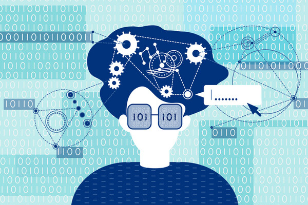 drawing of a head and neck and shoulders with what looks like wheel machinery in the brain to indicate the concept of an algorithm.