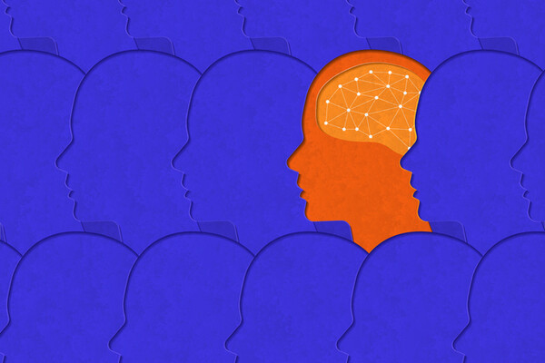 illustration of rows of face and head profiles with one brain highlighted