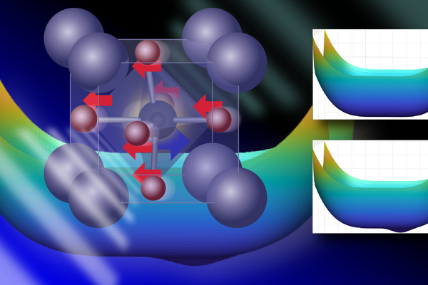 an abstract depiction of atoms moving inside a crystal structure