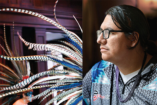 Closeup of feathered headdress and profile of Talon Bazille Ducheneaux