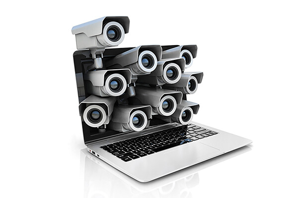 An open laptop with many security cameras sticking out where the computer screen would normally be, indicating privacy concerns when searching online for pornographic content.