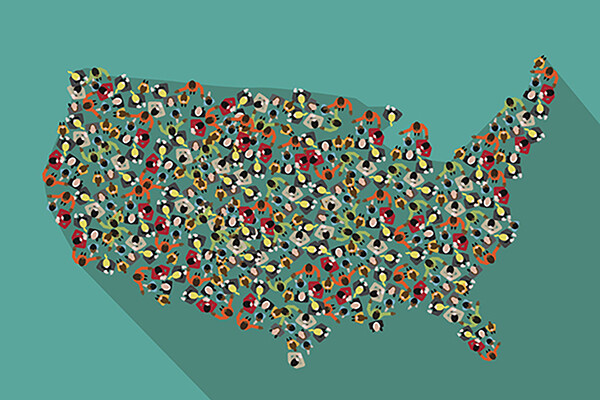 overhead view of a hand-drawn map with humans standing across the country
