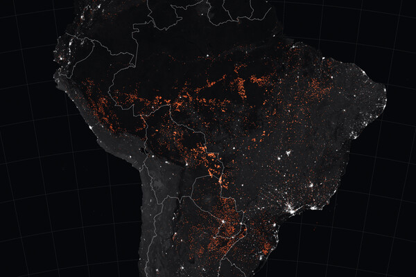 Map of Brazil and other parts of South America showing myriad points of orange