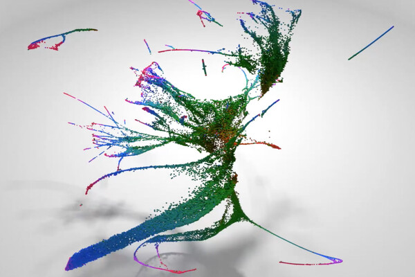 An abstract depiction of data features an elongated shape with various projections in pixels of different colors.
