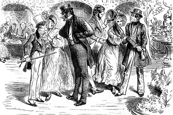Pen and ink drawing of a Victorian novel scene