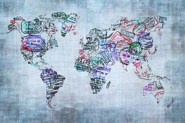 World map made up of visa stamp markings