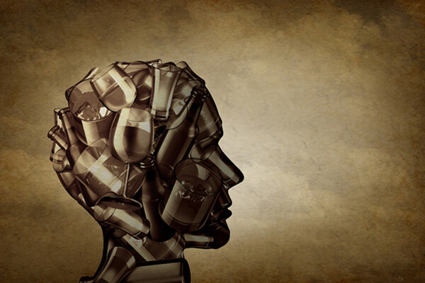 shape of a human head made of outlines of wine glasses, drink glasses and beer bottles.