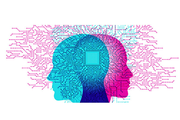 rendering of the human head from three angles with visuals of networks reaching out from the center of the brain