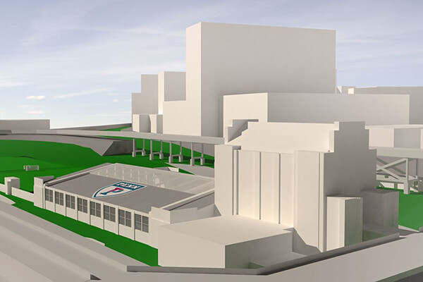 Rendering of Aerial view from the north of the planned Jane and David Ott Center for Track & Field at the University of Pennsylvania. 