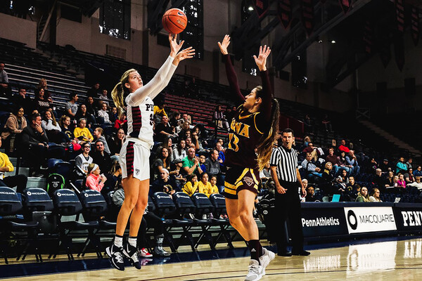 Against Iona at the Palestra, senior guard Phoebe Sterba shoots a three-pointer.