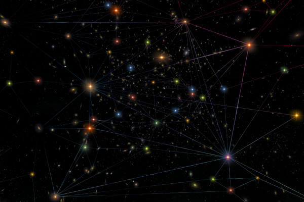 a map showing lines between a map of galaxies, shown as colored points across a dark sky