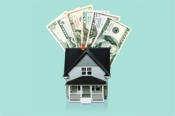 rendering of a house with large american currency bills sticking out of the roof.