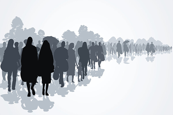 rendering of silhouettes of refugees walking with children and a few possessions.