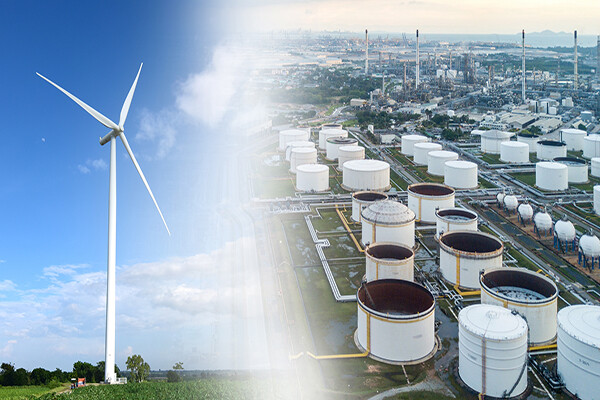 Double exposure wind turbine and oil refinery side-by-side