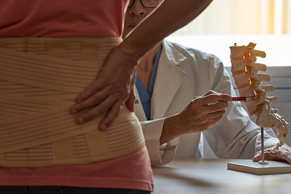 Person wearing a wraparound back brace stands facing a doctor who is pointing out the vertebrae on a model of spine