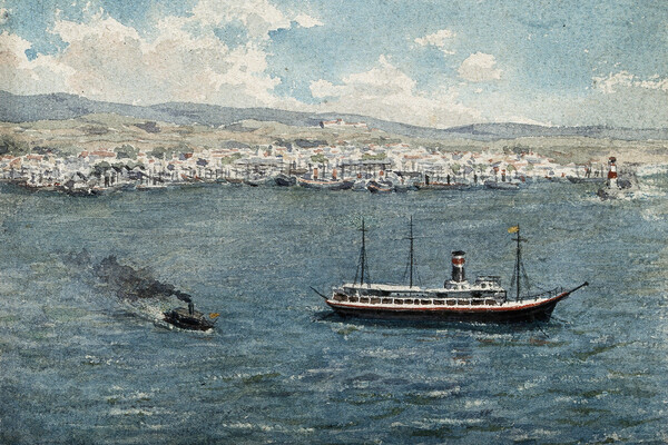 A watercolor painting depicts a three masted ship anchored near a port with a yellow flag aloft.