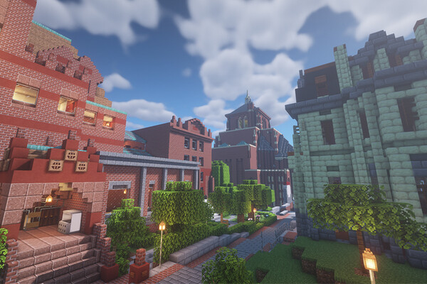 Blocky digital versions of Fisher Fine Arts and College Hall, with trees intermixed