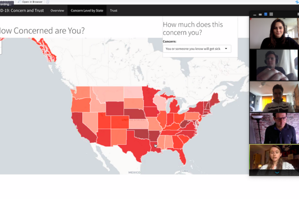 Screen shot of computer with image of United States and the words "How Concerned are You?" and four participants on a Zoom call.