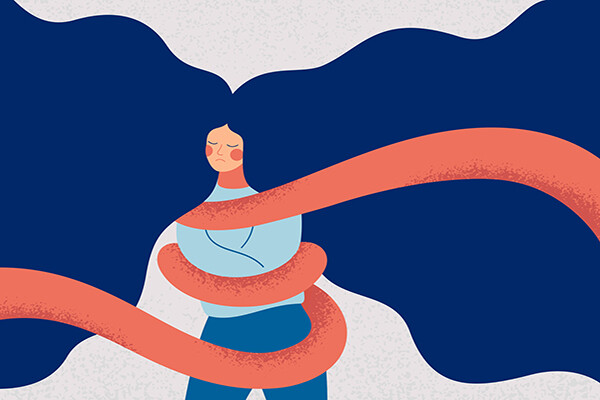 An illustration of a young person with flying hair contained by red tape