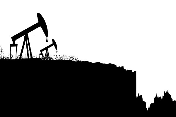 Silhouette of oil pumps that transforms to the chart with oil price vs USD