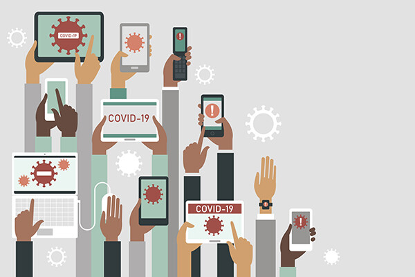 illustration of many hands holding laptops, tablets and smartphones all with images or the words COVID-19 on the screen implying that everyone is searching online for coronavirus information
