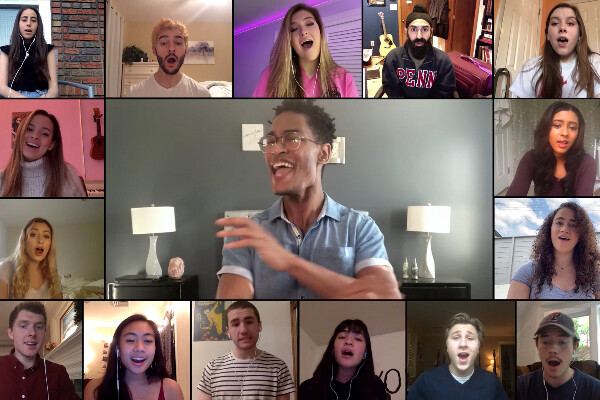 Mosaic of students singing together via Zoom call