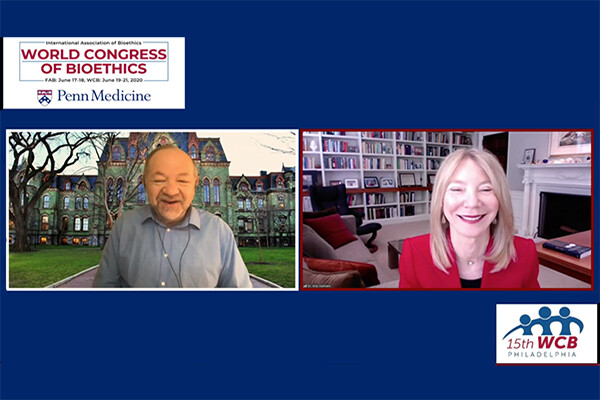 Jonathan Moreno and Amy Gutmann in a screen shot during a virtual conference.