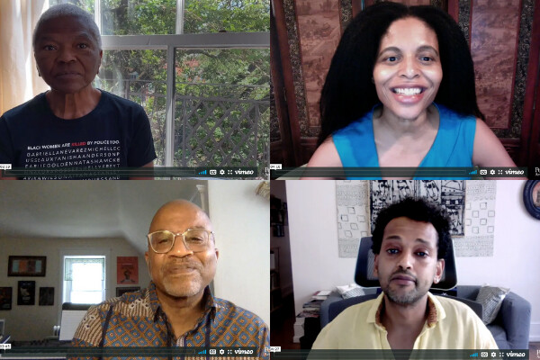 Screenshot of four people in a grid form, top left is Mary Frances Berry, top right is Margo Natalie Crawford, bottom left is Guthrie Ramsey, bottom right is Dagmawi Woubshet