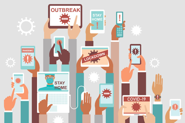 hands holding laptops and phone screens with text saying outbreak, stay home, lockdown, and covid-19 and images of the virus