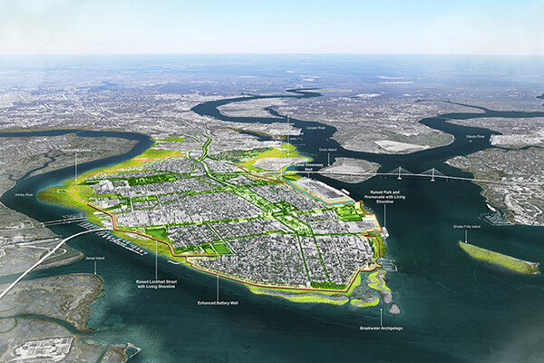 Aerial view of a South Carolina coastal municipality map diagramed for design purposes