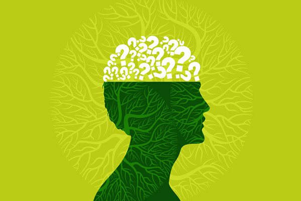 outline of a head in profile, the brain matter is filled in with question marks and the face, back of the head, and neck is outlined with roots resembling tree limbs and roots.