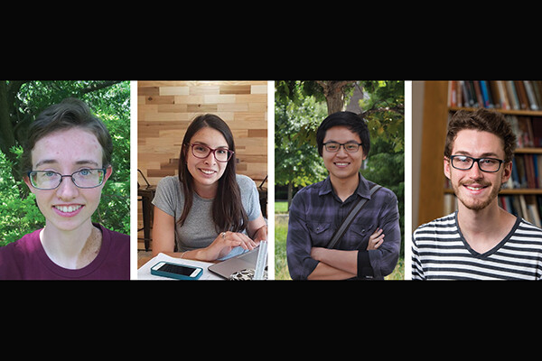 Four portraits of people, from left to right: Abigail Timmel, Mona Merling, George Wang, and Thomas Brazelton.